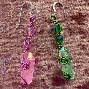 Handmade Earring Set Wicked Glinda Pink & Elphaba Green Crystal Wire Wrapping